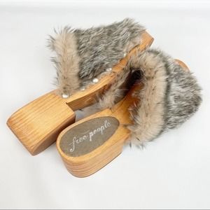 Free People | Boho Wooden Clog Faux Fur Studded Staked Heel Peep Toe Tan 37 6.5